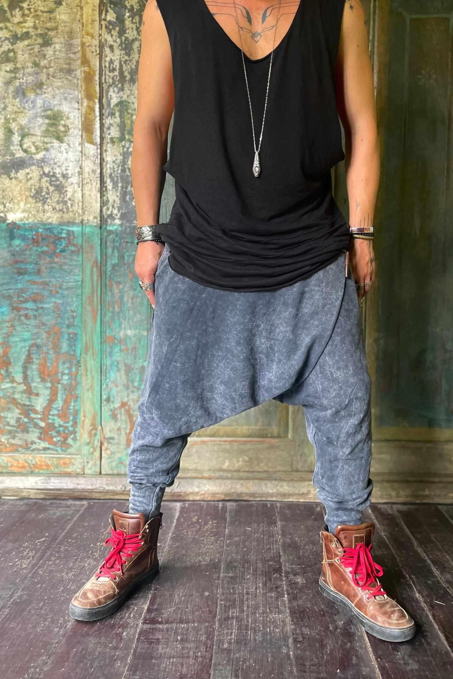 VALO Design Pants URBAN NINJA - Elegant Black Stonewash / Dark Grey harem drop crotch trousers from high quality 100% cotton 